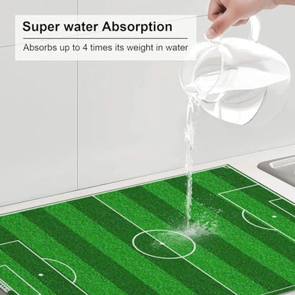 Soccer Field Dish Drying Mat for Kitchen Counter 18 x 24 inch Soccer Dish Drainer Rack Mats with Hanging Loop Football Dishes Drainer Pads Green Pitch Print Drying Pad for Cafe Bar Countertop - color: Dark Green