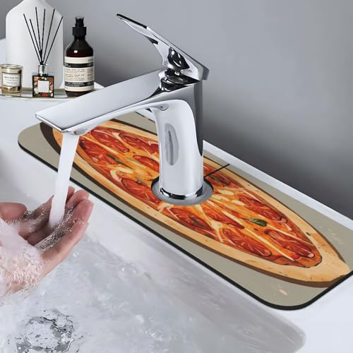 Sink Faucet Mat Yummy Cheese Pizza Kitchen Splash Guard Absorbent Bathroom Sink Mat Around Faucet 15" x 5.5" Drying Mats Stone Draining Mat
