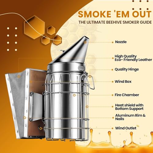 Flexzion Beehive Smoker - Bee Smoker Stainless Steel for Beekeeping, Durable Bellow & Heat Shield, Safe Bee Hive Smoker with Mounting Hook, Compatible with Bee Smoker Pellets