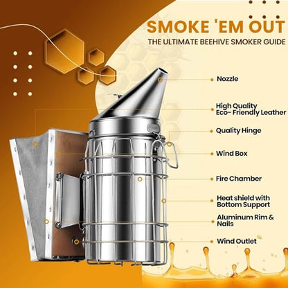 Flexzion Beehive Smoker - Bee Smoker Stainless Steel for Beekeeping, Durable Bellow & Heat Shield, Safe Bee Hive Smoker with Mounting Hook, Compatible with Bee Smoker Pellets