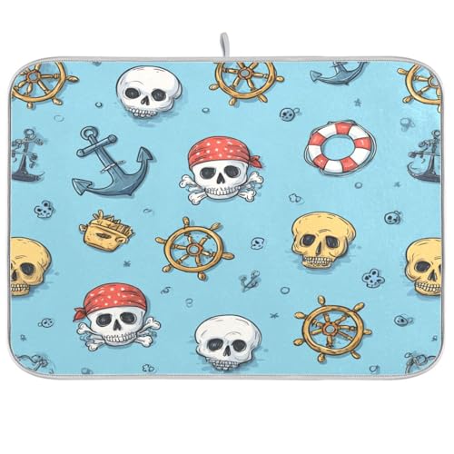 Dish Drying Mat for Kitchen Counter Dish Mat Dish Drainer Mats Kitchen Drying Mat Pad Microfiber Absorbent Reversible 18x24 Inch Blue Pirate Skulls Ship Wheels Anchors - color: Blue Pirate Skulls Ship Wheels Anchors, size: 24" x 18"