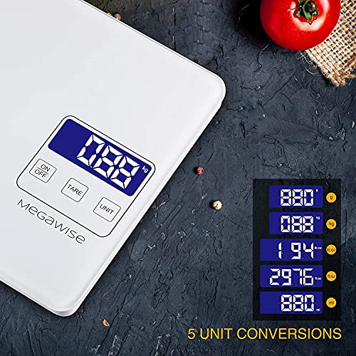 MEGAWISE Food Scale, 33lb Rechargeable Digital Kitchen Scale with 1g/0.04oz Graduation, Water-Resistant Surface, Tare & Hold, 5 Units for Cooking, Baking, Meal Prep