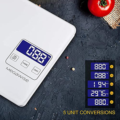 MEGAWISE Food Scale, 33lb Rechargeable Digital Kitchen Scale with 1g/0.04oz Graduation, Water-Resistant Surface, Tare & Hold, 5 Units for Cooking, Baking, Meal Prep