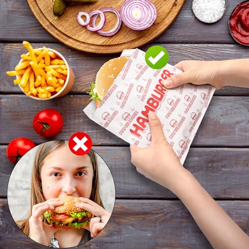 ZENFUN 200 Pack Hamburger Wrappers, Foil Hamburger Sleeves, Grease Resistant Hamburger Bags Bulk, BPA Free Cheeseburgers Wrappers for Snack Bars, Food Truck, Take Out, Concession Stand, Christmas