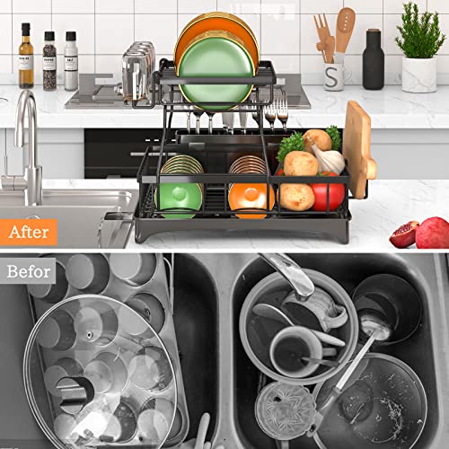 Godboat 2-Tier Dish Drying Rack - Dish Rack with Auto Drain-to-Sink & Mat | Dish Racks for Kitchen Counter, Dish Drainer with Knife Fork & Cup Rack, Gifts for Women, Mothers Day, Kitchen Gadgets, Black - size: X-Large/(2-Tier)