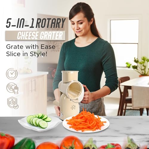 Rotary Cheese Grater Hand Crank, 5 in 1 Vegetable Slicer, Manual Cheese Shredder with Stainless Steel Blades, Food Grater for Cheese Vegetables Nuts, Suction Base, Easy Clean, Beige - color: Beige