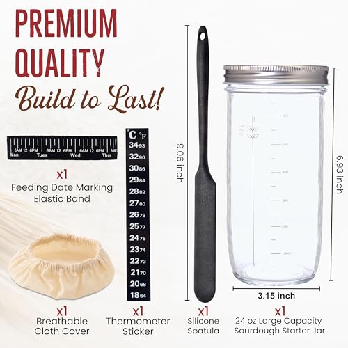 Sourdough Starter Jar 24oz, Wide Mouth Glass Jar with Date Marked Feeding Band, Thermometer, Lid, Cloth Cover & Spatula, Sourdough Bread Baking Supplies, Sour Dough Starter Kit for Beginners (6 Pcs)