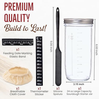 Sourdough Starter Jar 24oz, Wide Mouth Glass Jar with Date Marked Feeding Band, Thermometer, Lid, Cloth Cover & Spatula, Sourdough Bread Baking Supplies, Sour Dough Starter Kit for Beginners (6 Pcs)