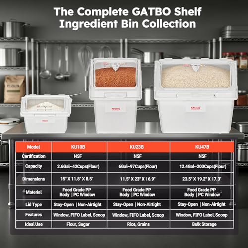 2.6 Gallon / 42 Cup Commercial Shelf Ingredient Bin with Scoop, Stackable Food Storage Container with Clear Flip Lid, Built-in FIFO Label and One-Hand Access for Flour Sugar Rice