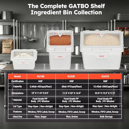 2.6 Gallon / 42 Cup Commercial Shelf Ingredient Bin with Scoop, Stackable Food Storage Container with Clear Flip Lid, Built-in FIFO Label and One-Hand Access for Flour Sugar Rice