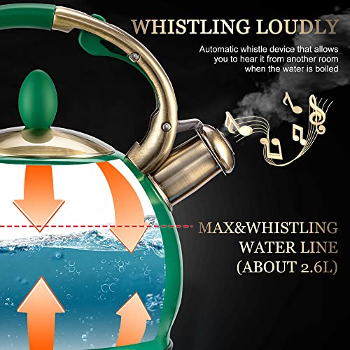 SUSTEAS Stove Top Whistling Tea Kettle - Food Grade Stainless Steel Teakettle Teapot with Cool Touch Ergonomic Handle, With 1 Silicone Pinch Mitt Included, 2.64 Quart (Green) - color: Green