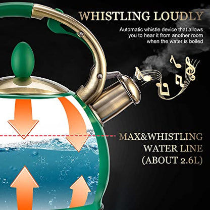 SUSTEAS Stove Top Whistling Tea Kettle - Food Grade Stainless Steel Teakettle Teapot with Cool Touch Ergonomic Handle, With 1 Silicone Pinch Mitt Included, 2.64 Quart (Green) - color: Green