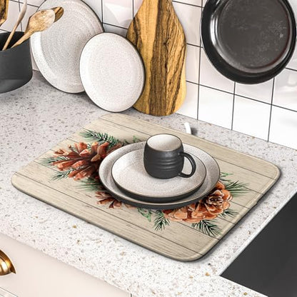 Winter Pine Cone Dish Drying Mat Holly Berries Dish Draining Mat Microfiber Washable Dish Drainer Rack Mat for Home Kitchen Counter 16"x18" - color: Winter Pine Cone, size: 16" x 18"