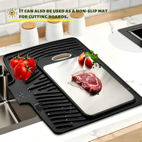 CIEO Silicone Dish Drying Mat for Kitchen Counter, Slope Fast Self-Draining, Non-Slip Drain Pad, Easy Clean Countertop Protection Mat, Multiple Use for Dishes Drying Rack（18.9"x 11.9",Black）