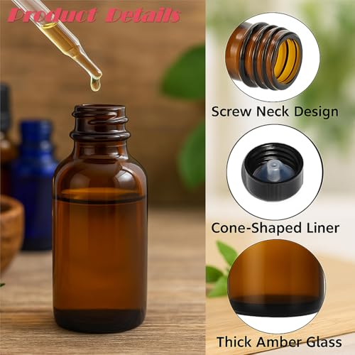 6Packs 60ml Amber Glass Boston Round Bottles with Black Caps Refillable Empty Containers 2Oz Liquid Storage Glass Bottles for Essential Oils, Serums, Perfumes, DIY Skincare, Aromatherapy