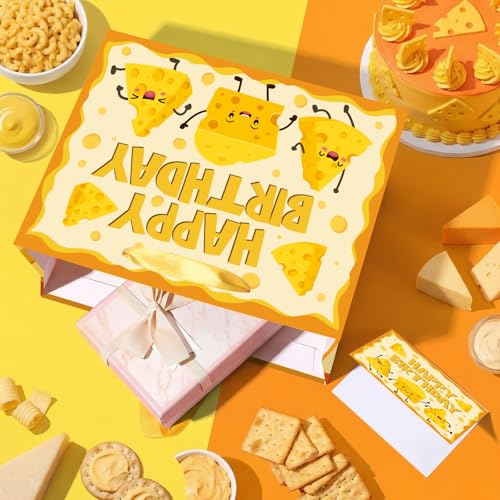 Woosytoo 재미있는 치즈 생일 선물 가방 만화 치즈 테마 생일 포장지 가방 인사말 카드 포함, 어린이 성인 마카로니 및 치즈 애호가 음식 피크닉 Bday 베이비 샤워 파티 - color: 치즈.