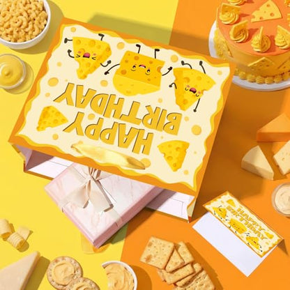 Woosytoo 재미있는 치즈 생일 선물 가방 만화 치즈 테마 생일 포장지 가방 인사말 카드 포함, 어린이 성인 마카로니 및 치즈 애호가 음식 피크닉 Bday 베이비 샤워 파티 - color: 치즈.