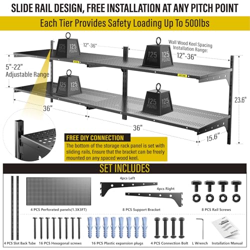 Aecxm 2-Pack 2 Tier 1.3x3ft Garage Shelving Wall Mounted, 500lbs Load Capacity，15.6x36inch per Shelf Height Cassette Adjustable Floating Shelves, Black - color: Black, size: 4pack-1.3x3ft