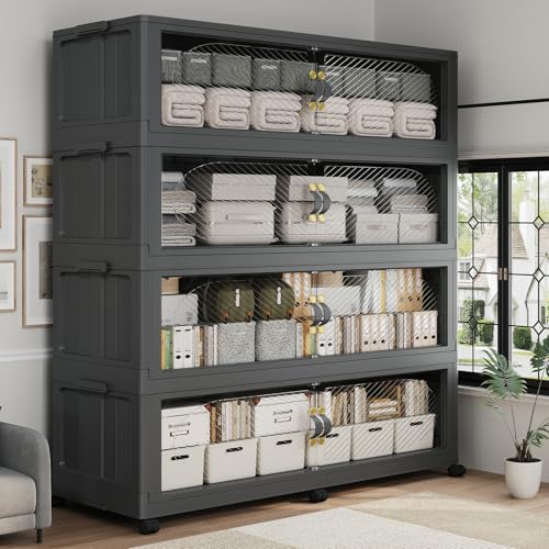 1280QT Extra Large Stackable Storage Bins with Lid & Wheels & Doors,320Gal Foldable Collapsible Closet Organizers, Plastic Cabinet Box Container Drawer for Home Kitchen Bedroom, 4Pack Black - color: Black, size: 320QT-4Pack