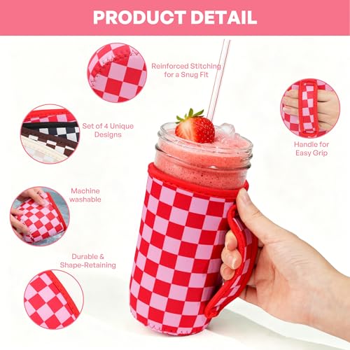 KJQJLY 4 Pcs Mason Jars Sleeves Neoprene 24oz Regular and Wide Mouth Mason Jar Sleeves Holder with Handle (Checkered, 24 OZ) - color: Checkered, size: 24 OZ