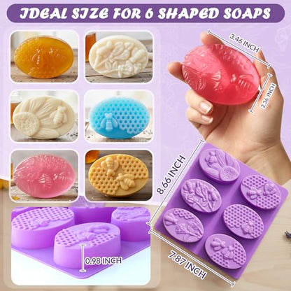 HKNMTT Silicone Bee Honeycomb Flower Oval Bar Molds, 6 Shapes 12 Cavities for Candy Soap Making Shower Steamer Homemade Bath Bomb Lotion Shampoo Bar Dessert DIY Set Non-stick Craft Food Grade 2 Pack - style: Bee & Honeycomb - 2PCS