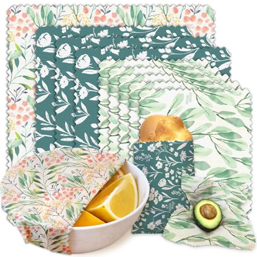 Beeswax Food Wrap, Reusable Beeswax Wraps Storage Set 9-Pack (5S 3M 1L), Organic and Beeswax Wraps Reusable, Sustainable Alternative/Flowers Grass