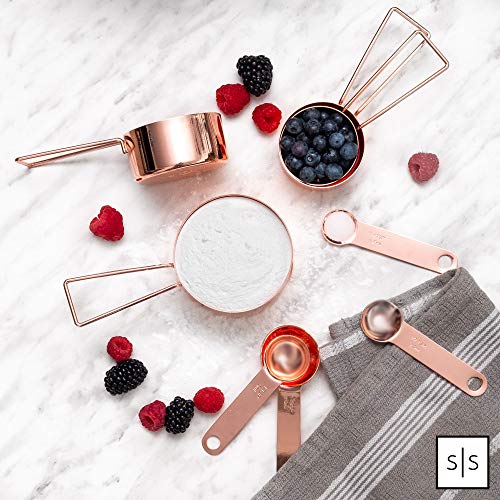 Copper Measuring Cups and Spoons Set – 8-Piece Stackable Stainless Steel Metal Measuring Utensils – Stylish and Sturdy Rose Gold Kitchen Accessories for Baking and Cooking - color: Copper