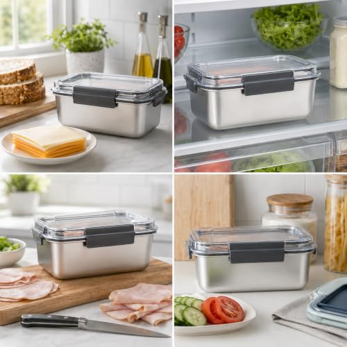 Cheese Container for Refrigerator,Cheese Stainless Steel Container with Lids,Deli Meat Saver, Non Toxic Airtight Storage Container for Stackable Sliced Grated,Shredded,Cheddar Cheeses Holder - size: Medium