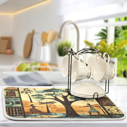 African Tree Figure Dish Drying Mat for Kitchen Counter Super Absorbent Draining Mat with Non-slip Backed Dish Rack Pad for Countertops Sinks Draining Racks Dish Bottles Cups Bowl