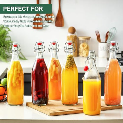4 Pack [1 Liter / 33 fl. oz.] Swing Top Glass Bottles w/ Airtight Stopper Lids – Flip Top Brewing Bottle for Fermentation, Kombucha, Mead, Vinegar, Beer, Kefir, Wine – With 4 Extra Seals & 2 Pourers