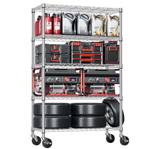 IZEUK 5-Tier Storage Shelving Unit with Wheels, Adjustable Heavy Duty Steel Wire Rack Organizer (Chrome, 17.7" D x 47.2" W x 76.7" H, 1750 lbs Capacity) for Garage, Kitchen, Pantry, Laundry, Basement - color: Chrome, size: 5 Tier, 17.7" D x 47.2" W x 76.7