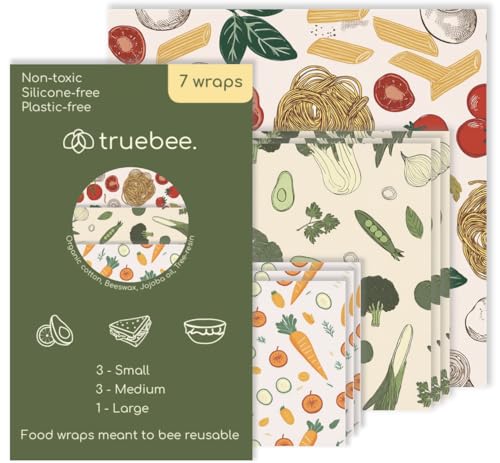 Truebee Reusable Beeswax Food Wraps 7-Pack Italia – Non Toxic, Plastic Free, Silicone Free, Sustainable, Environmentally Friendly, Organic Cotton Beeswax Wraps (S, M, L) - color: 7 Pack - Italia