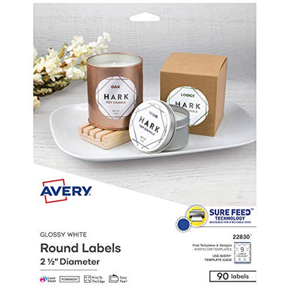 Avery Printable Round Labels with Sure Feed, 2.5" Diameter, Glossy White, 90 Customizable Labels (22830) - color: Glossy White, size: 2.5", style: 90 labels