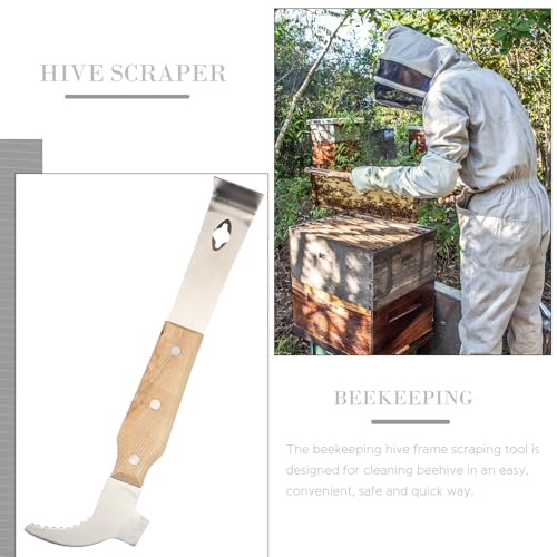 OSALADI Stainless Steel Beehive Scraper with Hook Wooden Handle Thickened Hive Frame Lifter Beekeeping Cleaning Tool for Hive Maintenance