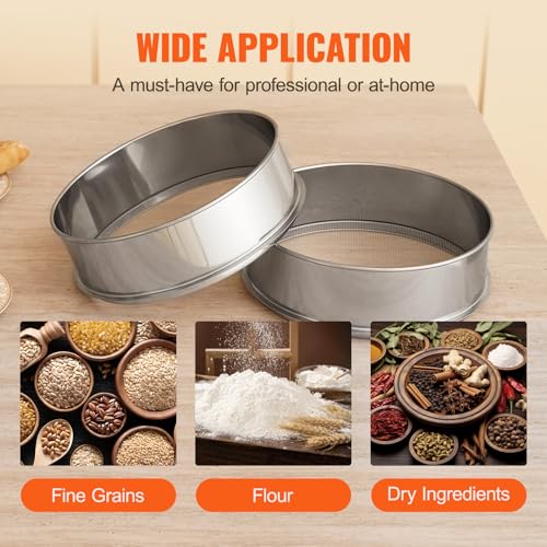 VEVOR Flour Sieve Fine Mesh, 40 Mesh Sifter, 304 Stainless Steel Sifter Food-grade, Dia. 12.6" Fine Mesh Strainers for Baking, 5 Sizes Mesh hole for Mungbean, Rice, Flour, Pearl Powder - style: 40 Mesh