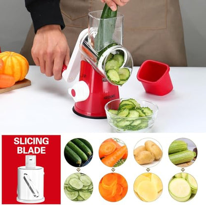 Cambom Rotary Cheese Grater Hand Crank Cheese Shredder for Fresh Cheese, Vegetable, Nuts,Non-slip Suction Base，Three Blades,Red - color: Red, size: 3 BLADES