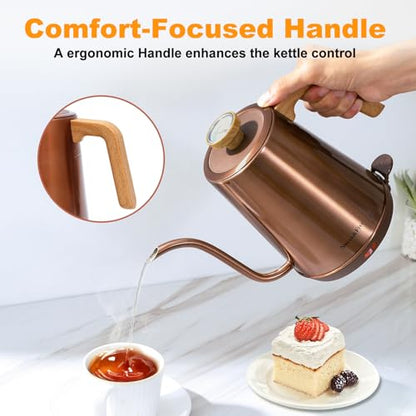 Nueve&Five Electric Gooseneck Kettle with Thermometer, 1.0L Pour Over Hot Water Kettle for Coffee and Tea, 1000W, Auto Shutoff, Boil-Dry Protection,Copper - color: COPPER