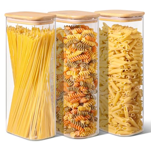 ComSaf 2.2 Qt Rectangle Glass Storage Containers with Lids, Glass Jars with Bamboo Lids, Clear Food Storage Jar, Tall Spaghetti Container, Pantry Storage Container for Pasta Flour Oats Nuts Rice - size: 2.2 Qt-3Pcs