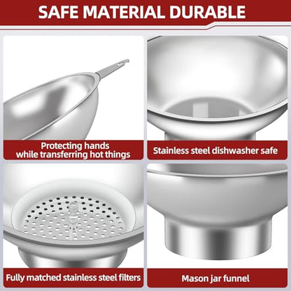 Serinar Stainless Steel Metal Canning Funnel with Removable Strainer - for Jams, Pickles and Home Preserving, Dishwasher Safe Kitchen Tool (2.78 Inch Wide Mouth Bore for Wide Mouth Mason Jars)