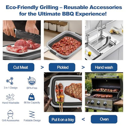 BBQ Prep Tub Collapsible with Cutting Board & Lid XXL 7.95 Gal / 66 lb Meat Marinating Basin & Barbecue Utensils - Grill Carry System - Outdoor - Gift for World Cup 2026