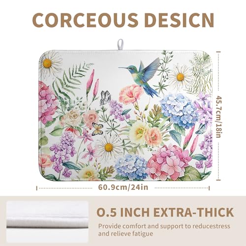 Spring Floral Birds Dish Drying Mat Summer Butterfly Flowers Kitchen Dish Drying Pad Daisy Absorbent Dish Dryer Mat for Kitchen Countertops Microfiber Dishes Drainer Pad (18x24 in)