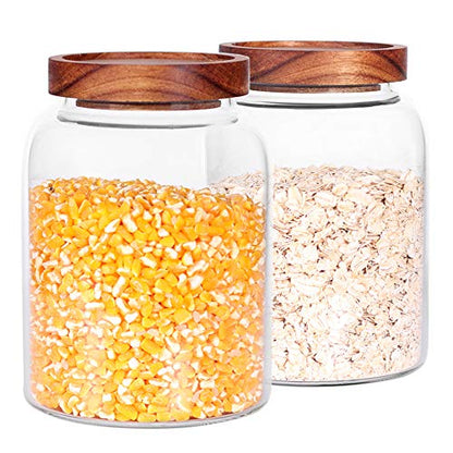 Glass Storage Jars with Airtight Lids, Set of 2 42 FL OZ (1250ml) coffee container with Wooden Lid, Glass Pantry Canister for Beans, Rice, Sugar and etc (6.3 inch high)