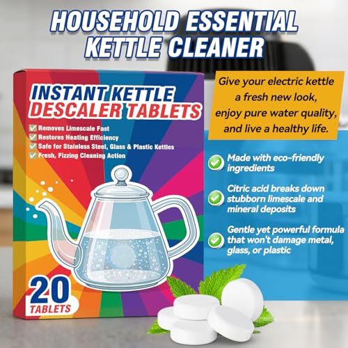 Kettle Descaler Tablet, 20 Packs Water Bottle Cleaning Tablets Removes Hard Water Buildup, Efficient Citric Acid for Kettles Cleaner, Limescale Remover Tablet for Coffee Machines, Garment Steamers