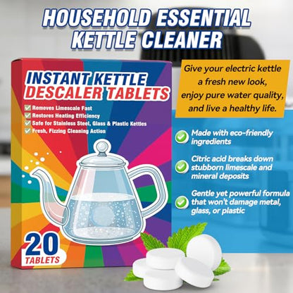 Kettle Descaler Tablet, 20 Packs Water Bottle Cleaning Tablets Removes Hard Water Buildup, Efficient Citric Acid for Kettles Cleaner, Limescale Remover Tablet for Coffee Machines, Garment Steamers
