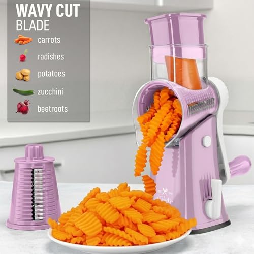 Zulay Kitchen Rotary Cheese Grater 5 Blade Cheese Shredder - Manual Hand Crank Cheese Grater With Reinforced Suction & 5 Interchangeable Drums - Easy to Use, Vegetable Chopper Round Mandoline Slicer - color: Pink and White