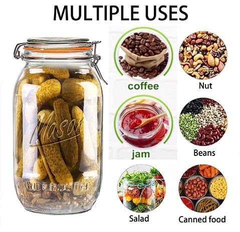 Half Gallon Mason Jars 64 oz Wide Mouth 3 Pack, Airtight Hinged Lid, BPA Free, Dishwasher Safe, for Canning, Pickling, Fermenting, Kitchen Storage, Coffee