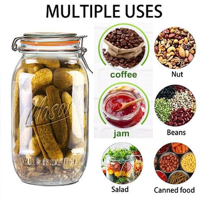 Half Gallon Mason Jars 64 oz Wide Mouth 3 Pack, Airtight Hinged Lid, BPA Free, Dishwasher Safe, for Canning, Pickling, Fermenting, Kitchen Storage, Coffee