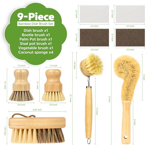 GREENTH PRO 9-Piece Bamboo Dish Brush Set with Natural Coconut Sponges | Dish Brush,Coconut Bottle Brush,Natural Kitchen Cleaning Set