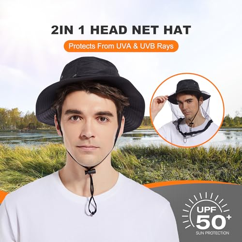 Mosquito Head Net Hat UPF 50+ Sun Protection Bug Hat for Men Women | Sun Visor Style, Perfect for Safari, Hiking, Beekeeping, Camping & Gardening - color: Black