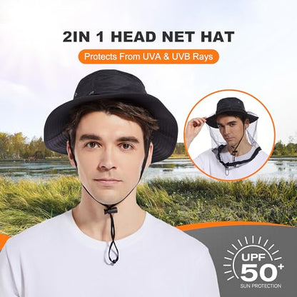 Mosquito Head Net Hat UPF 50+ Sun Protection Bug Hat for Men Women | Sun Visor Style, Perfect for Safari, Hiking, Beekeeping, Camping & Gardening - color: Black